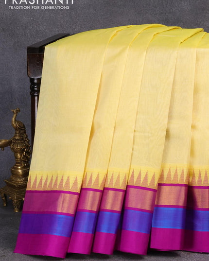 Kuppadam silk cotton saree pale yellow and purple with plain body and temple design zari woven simple border - {{ collection.title }} by Prashanti Sarees