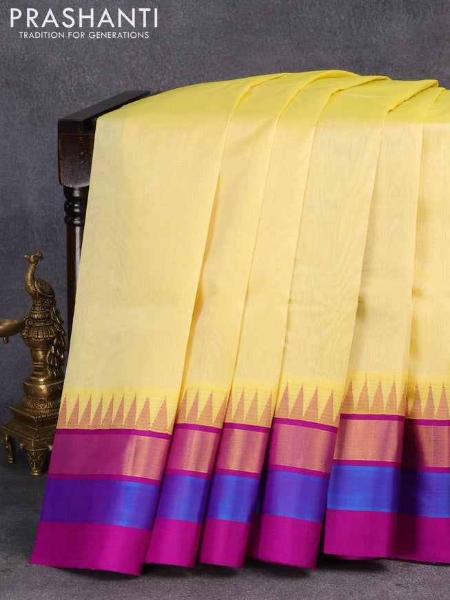 Kuppadam silk cotton saree pale yellow and purple with plain body and temple design zari woven simple border - {{ collection.title }} by Prashanti Sarees
