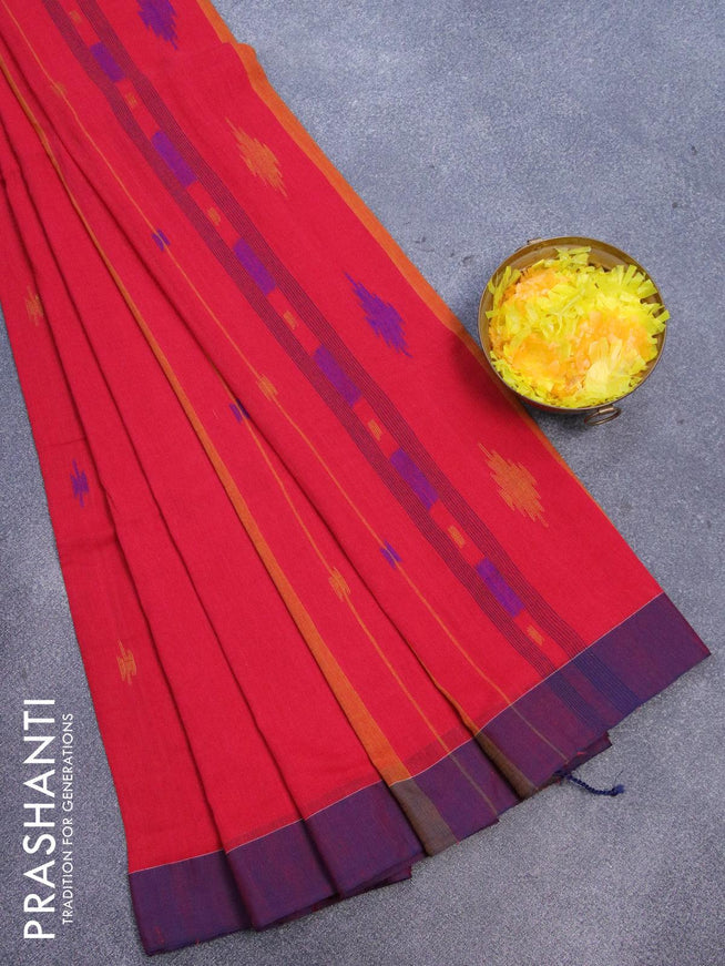 Bengal soft cotton saree red and blue with thread woven buttas and simple border - {{ collection.title }} by Prashanti Sarees