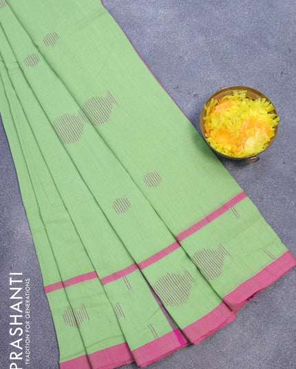 Bengal soft cotton saree light green and pink with thread woven buttas and simple border - {{ collection.title }} by Prashanti Sarees