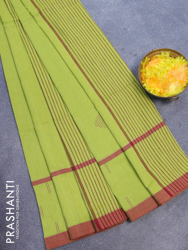 Bengal soft cotton saree light green and maroon with thread woven buttas and simple border - {{ collection.title }} by Prashanti Sarees