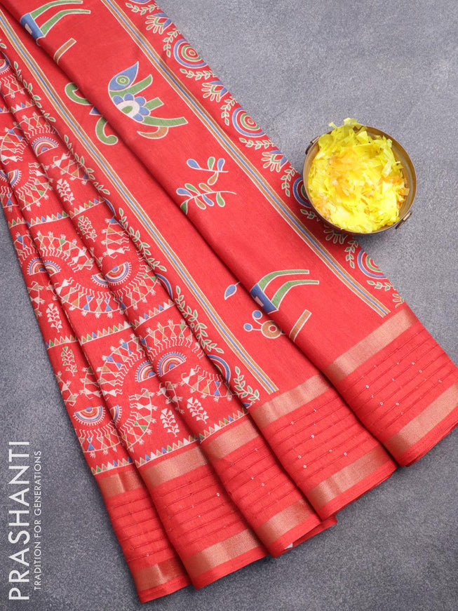 Semi dola saree red with allover warli prints and sequin work border - {{ collection.title }} by Prashanti Sarees
