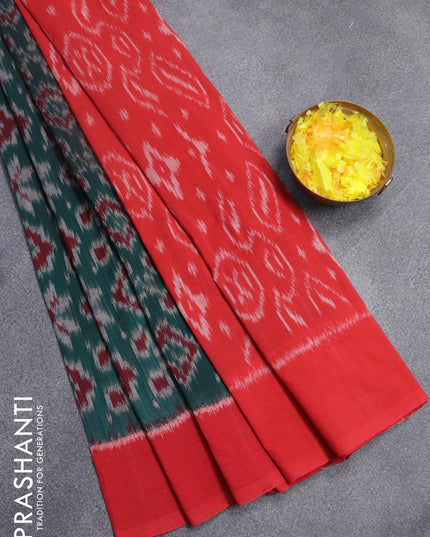 Ikat cotton saree peacock green and red with allover ikat weaves and simple border - {{ collection.title }} by Prashanti Sarees