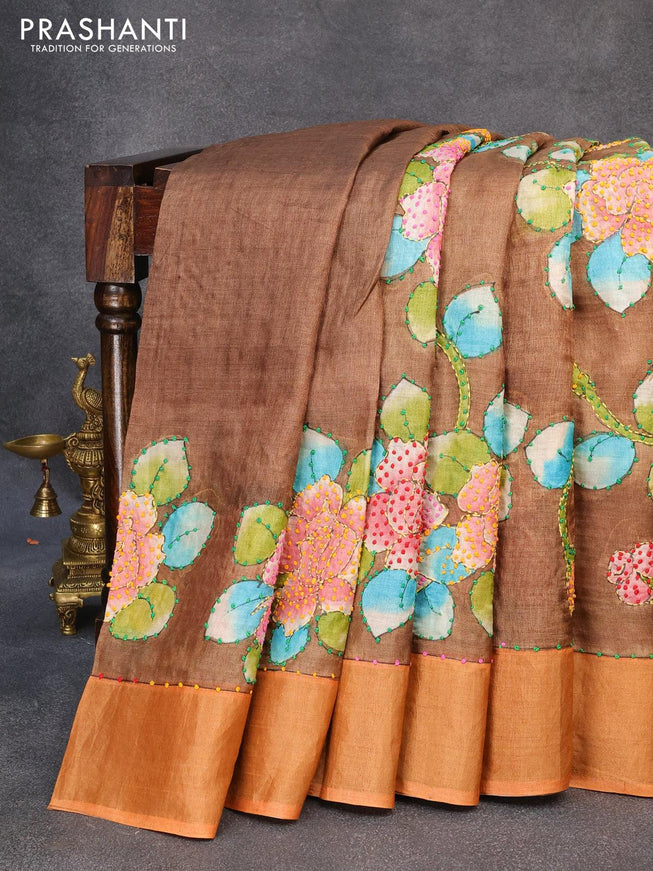 Pure tussar silk saree brown and orange with allover kalamkari prints & french knot work and zari woven border - {{ collection.title }} by Prashanti Sarees