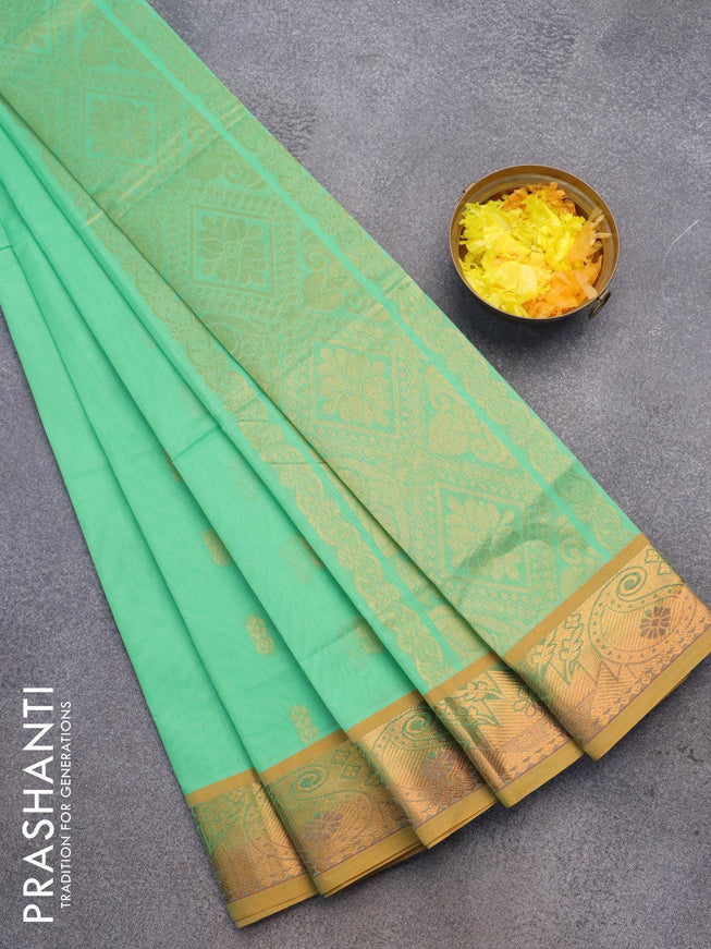 Venkatagiri cotton saree teal green and mustard yellow with zari woven buttas and zari woven border without blouse - {{ collection.title }} by Prashanti Sarees