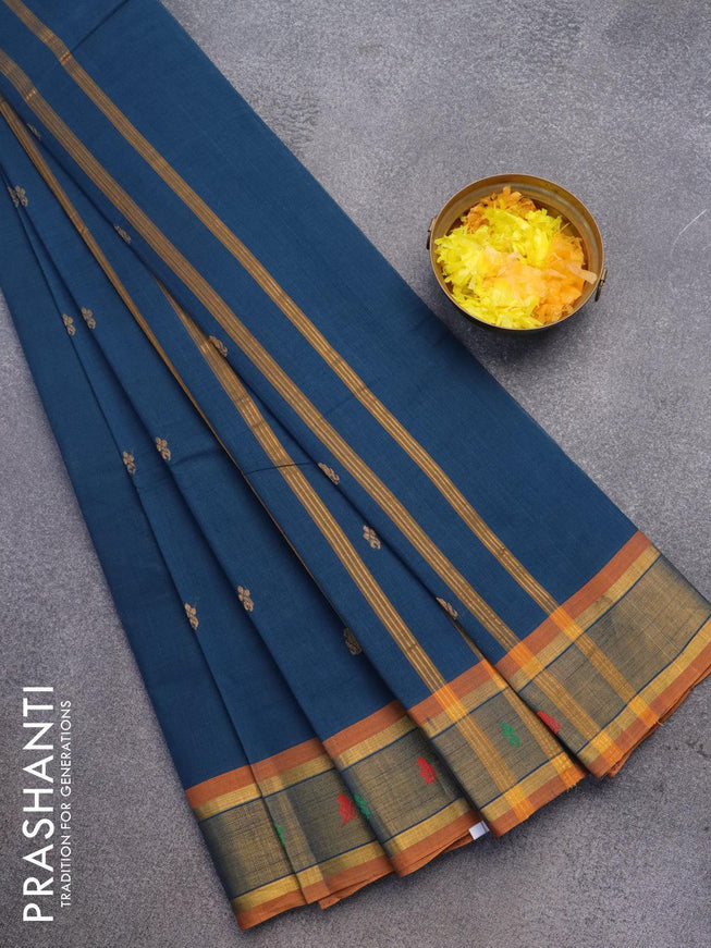 Venkatagiri cotton saree peacock blue and mustard yellow with zari woven buttas and zari woven border without blouse - {{ collection.title }} by Prashanti Sarees