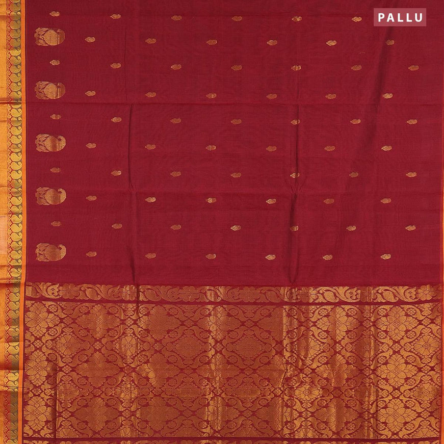 Venkatagiri cotton saree maroon and mustard yellow with zari woven buttas and paisley zari woven border without blouse - {{ collection.title }} by Prashanti Sarees