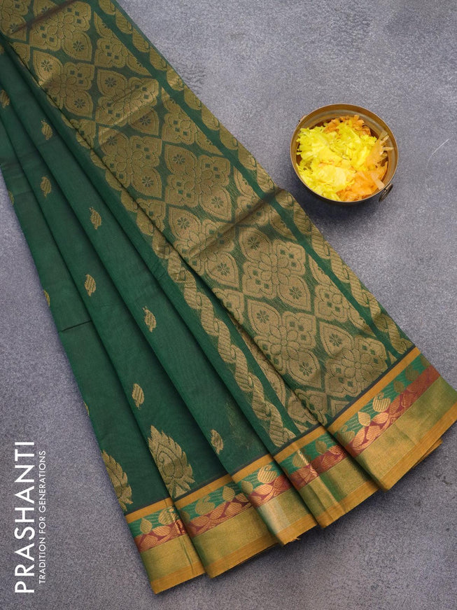 Venkatagiri cotton saree green and mustard yellow with zari woven buttas and zari woven border without blouse - {{ collection.title }} by Prashanti Sarees