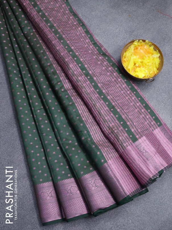 Semi raw silk saree bottle green with allover pink zari woven 1000 buttas and pink zari woven border - {{ collection.title }} by Prashanti Sarees
