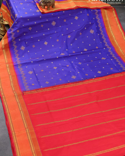 Kanjivaram silk saree blue and red with allover embroidery kasuti work and temple design rettapet zari woven border