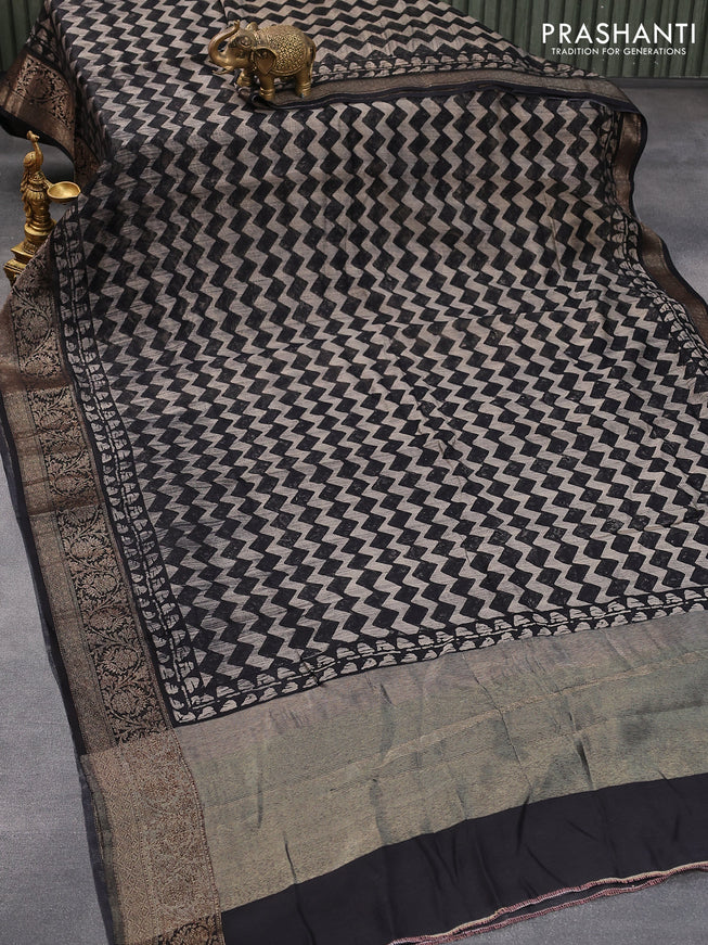 Chanderi silk cotton saree beige and black with allover zig zag prints and banarasi style border