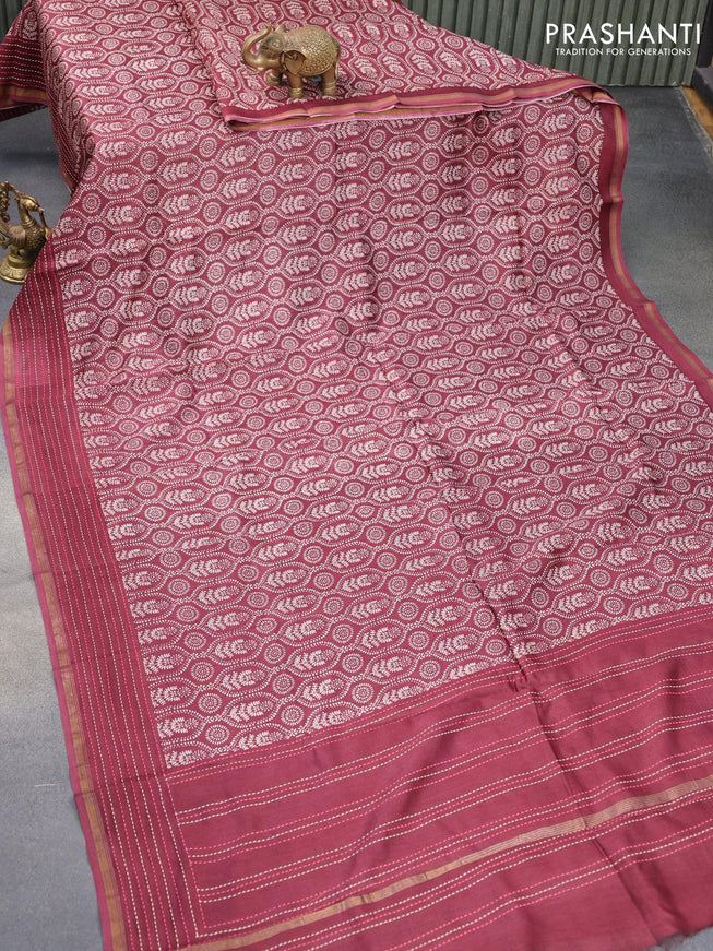 Chanderi silk cotton saree maroon with allover prints and kantha stitch work border - {{ collection.title }} by Prashanti Sarees