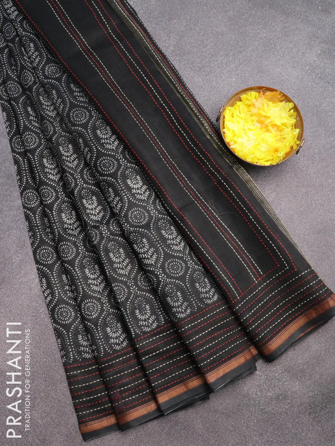Chanderi silk cotton saree black with allover prints and kantha stitch work border - {{ collection.title }} by Prashanti Sarees