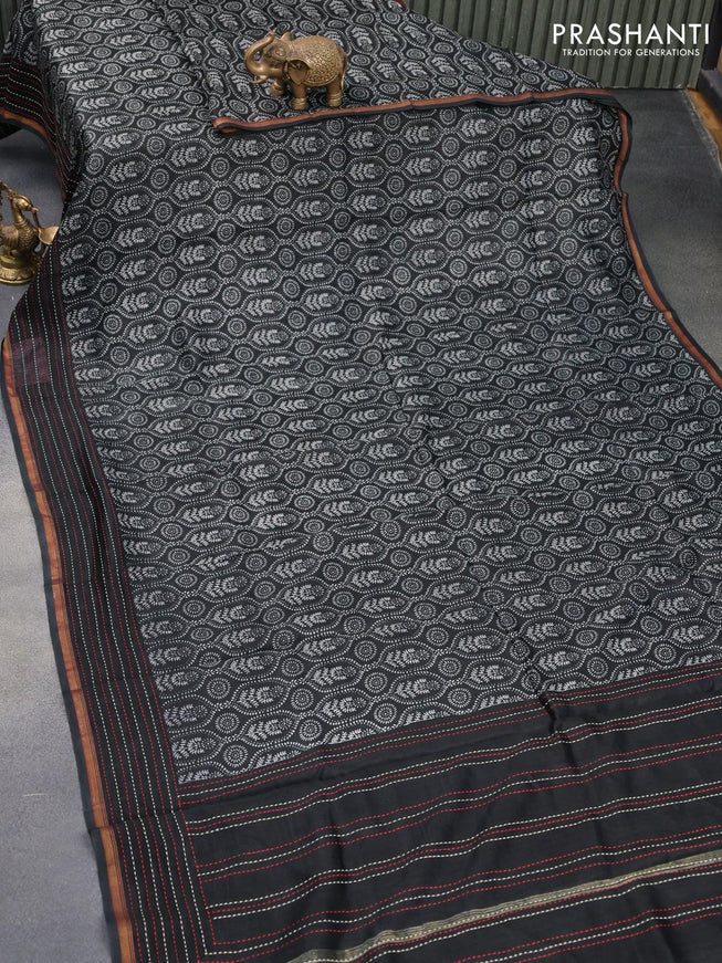 Chanderi silk cotton saree black with allover prints and kantha stitch work border - {{ collection.title }} by Prashanti Sarees