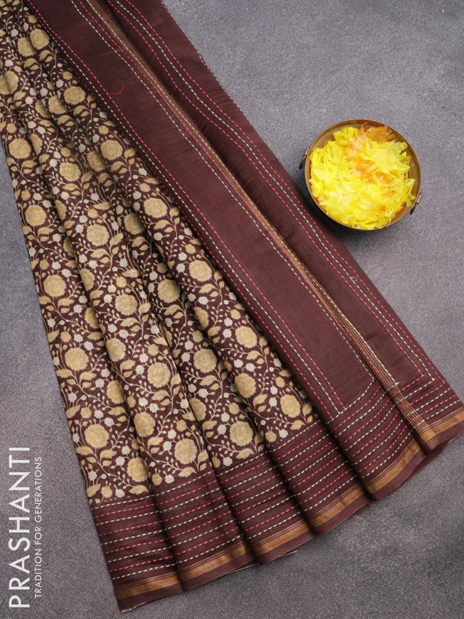 Chanderi silk cotton saree brown with allover floral prints and kantha stitch work border - {{ collection.title }} by Prashanti Sarees