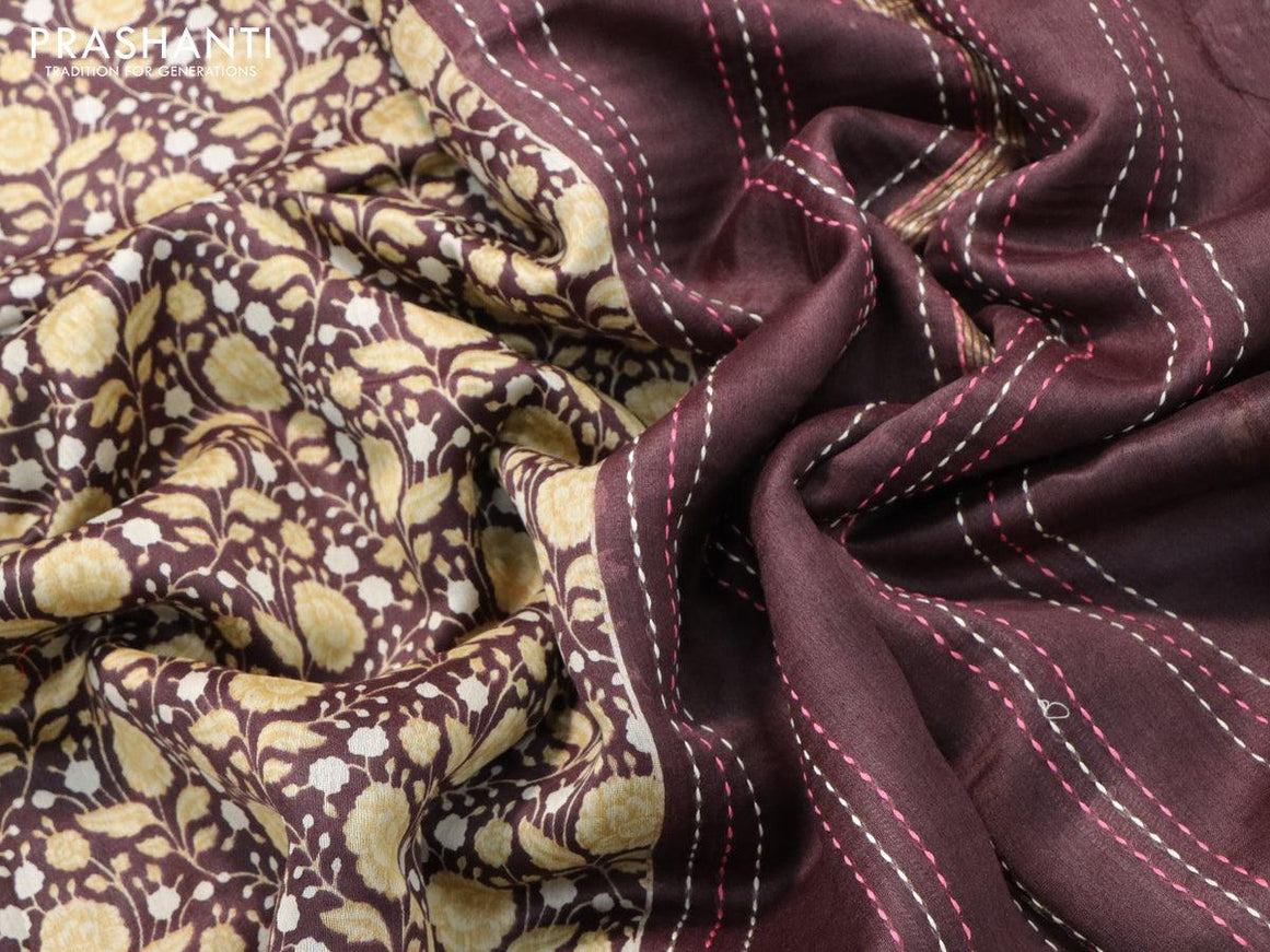 Chanderi silk cotton saree brown with allover floral prints and kantha stitch work border - {{ collection.title }} by Prashanti Sarees