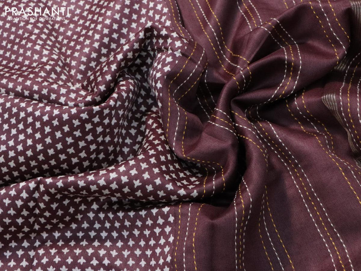 Chanderi silk cotton saree brown with allover butta prints and kantha stitch work border - {{ collection.title }} by Prashanti Sarees