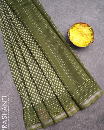 Chanderi silk cotton saree sap green with allover butta prints and kantha stitch work border - {{ collection.title }} by Prashanti Sarees