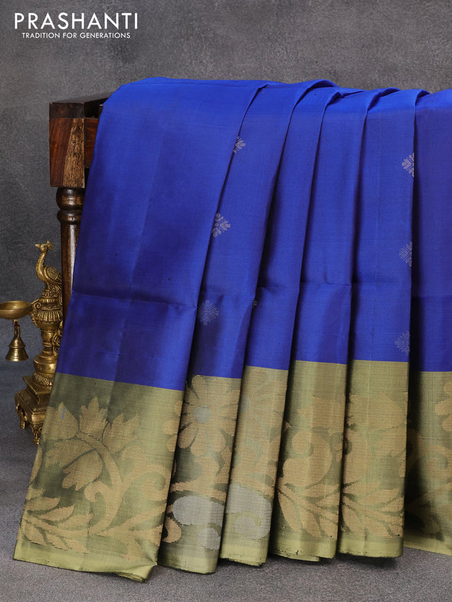 Pure soft silk saree blue and elaichi green with allover silver zari woven buttas and rich zari woven border