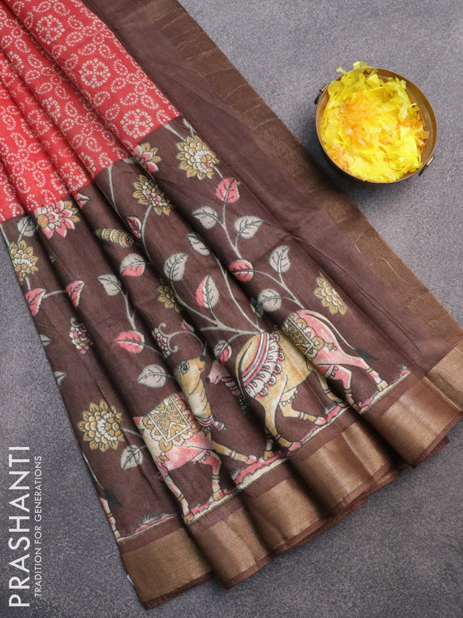Bhagalpuri saree red and brown with allover bandhani prints and long pichwai printed zari woven border - {{ collection.title }} by Prashanti Sarees