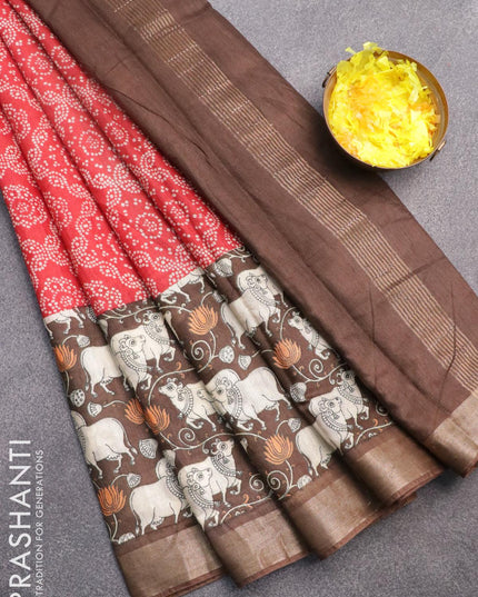 Bhagalpuri saree red and brown with allover bandhani prints and long pichwai printed zari woven border - {{ collection.title }} by Prashanti Sarees