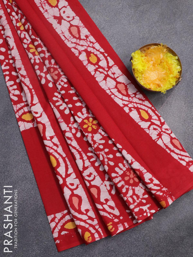 Jaipur cotton saree red with allover batik prints in borderless style - {{ collection.title }} by Prashanti Sarees