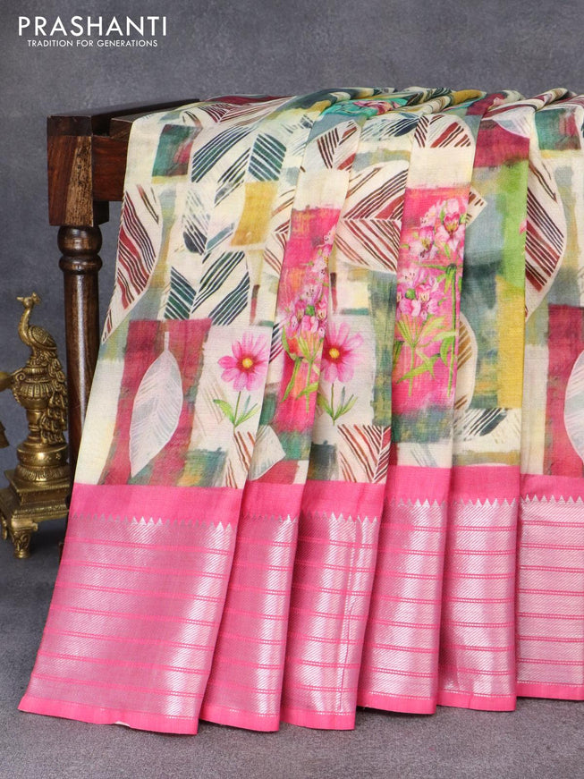 Mangalgiri silk cotton saree cream and pink with allover floral prints and silver zari woven border - {{ collection.title }} by Prashanti Sarees