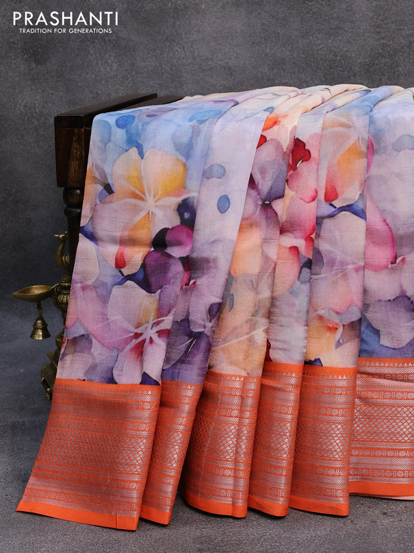 Mangalgiri silk cotton saree off white and orange with floral prints and silver zari woven border