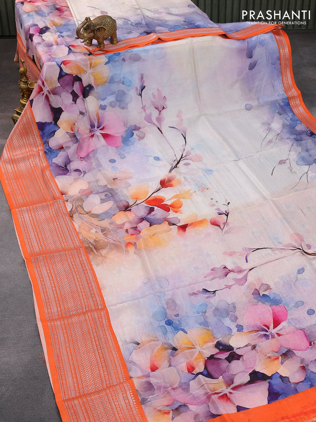 Mangalgiri silk cotton saree off white and orange with floral prints and silver zari woven border