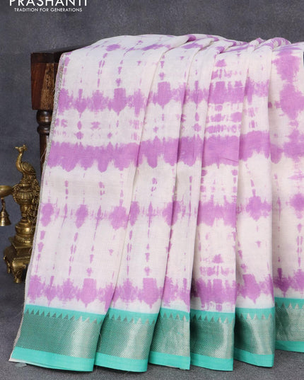 Mangalgiri silk cotton saree off white and teal green with allover prints and silver zari woven border - {{ collection.title }} by Prashanti Sarees