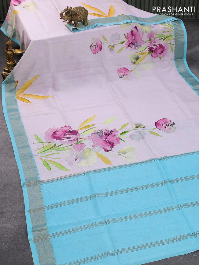 Mangalgiri silk cotton saree mild lavender shade and light blue with allover floral prints and silver zari woven border - {{ collection.title }} by Prashanti Sarees