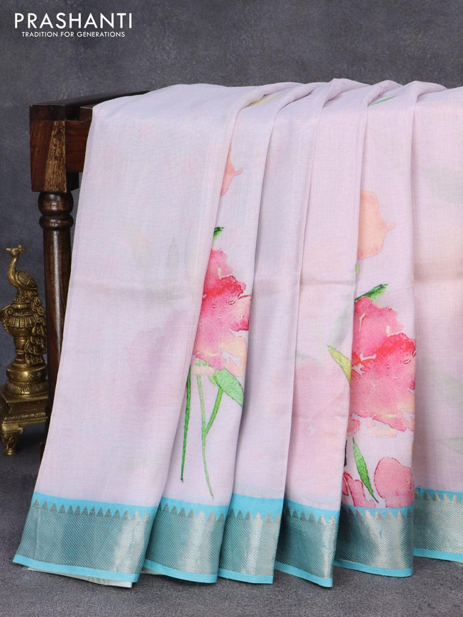 Mangalgiri silk cotton saree mild lavender shade and light blue with allover floral prints and silver zari woven border - {{ collection.title }} by Prashanti Sarees