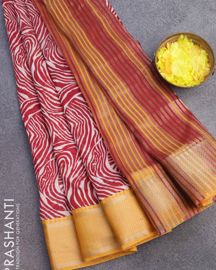 Banarasi cotton saree maroon and mango yellow with allover wavy prints and zari woven border