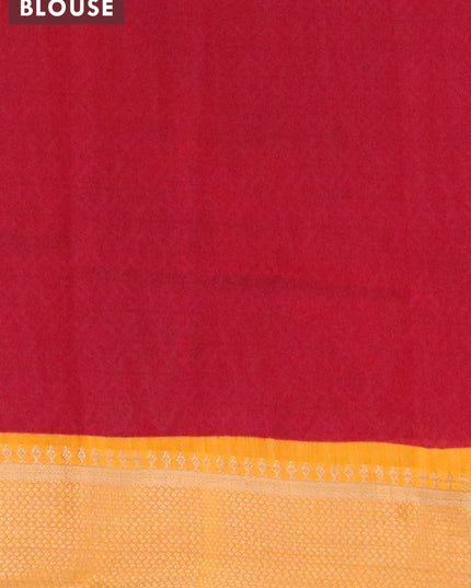Banarasi cotton saree maroon and mango yellow with allover wavy prints and zari woven border