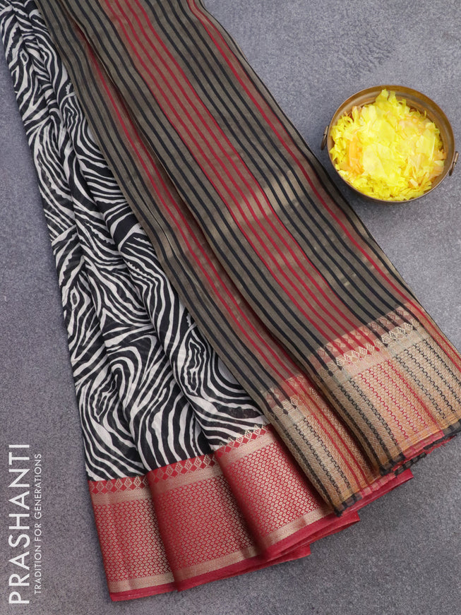 Banarasi cotton saree black and maroon with allover wavy prints and zari woven border