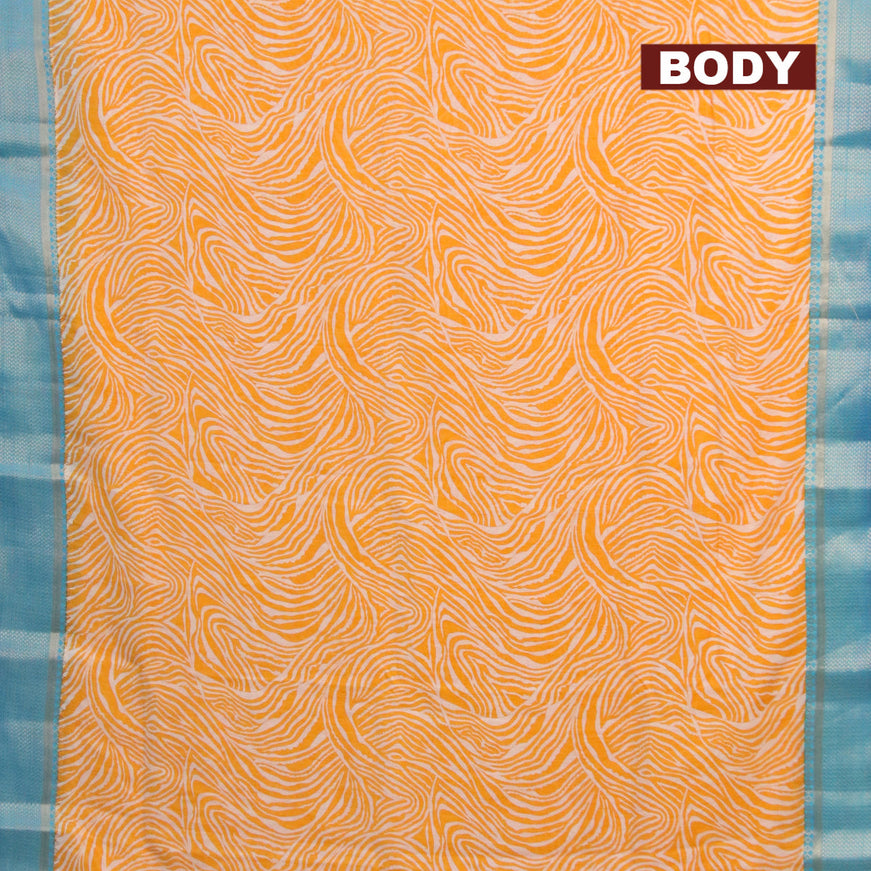 Banarasi cotton saree mango yellow and blue with allover wavy prints and zari woven border