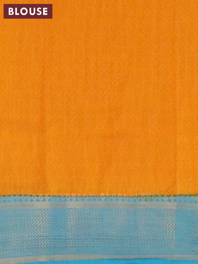 Banarasi cotton saree mango yellow and blue with allover wavy prints and zari woven border