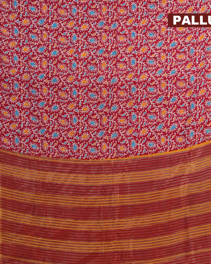 Banarasi cotton saree maroon and mango yellow with allover batik prints and zari woven border