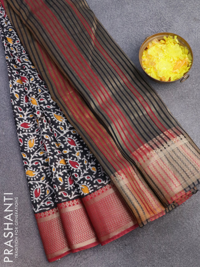 Banarasi cotton saree black and maroon with allover batik prints and zari woven border