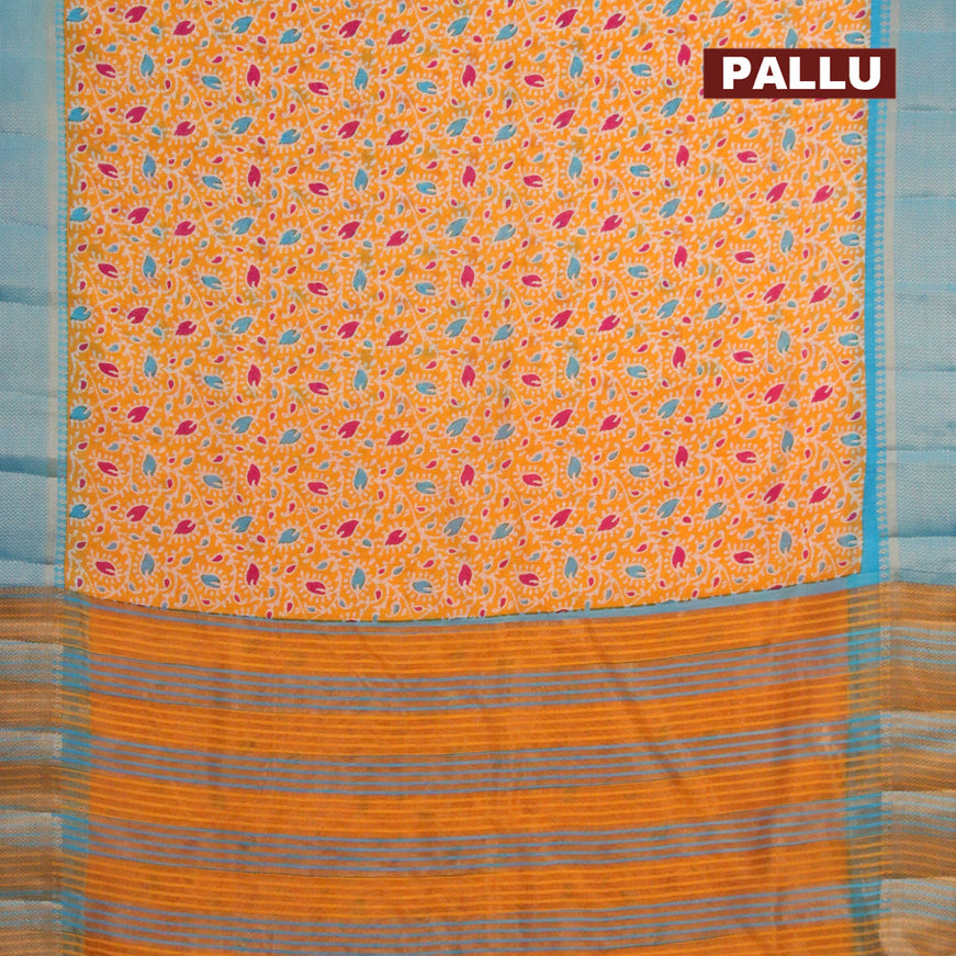 Banarasi cotton saree mango yellow and blue with allover batik prints and zari woven border