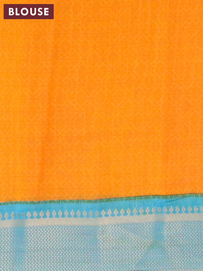 Banarasi cotton saree mango yellow and blue with allover batik prints and zari woven border