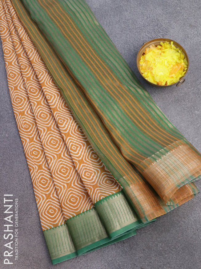 Banarasi cotton saree dark mustard and green with allover geometric prints and zari woven border