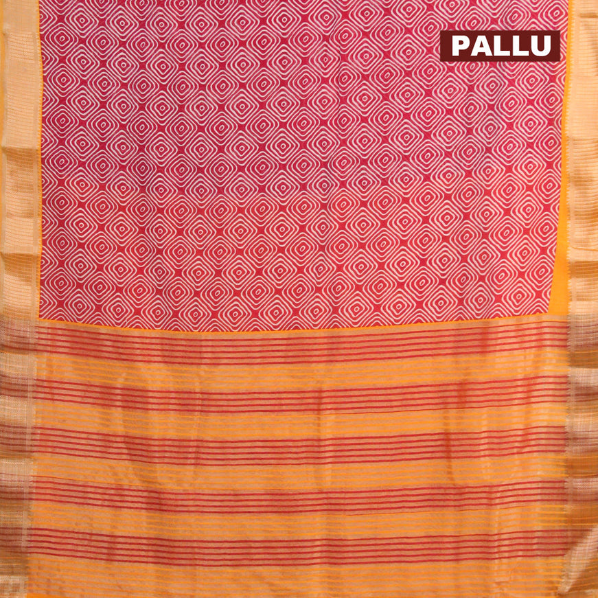 Banarasi cotton saree maroon and mango yellow with allover geometric prints and zari woven border