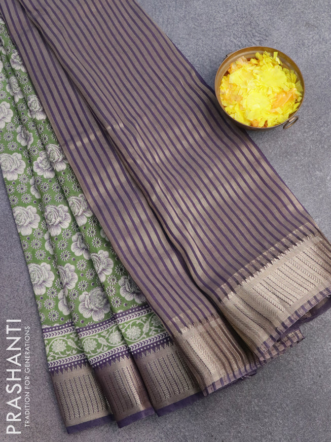 Banarasi cotton saree green and blue with allover floral prints and zari woven border