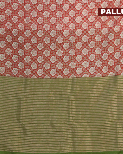 Banarasi cotton saree rust shade and green with allover floral prints and zari woven border