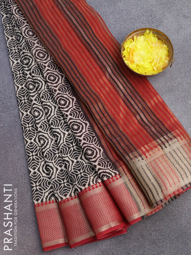 Banarasi cotton saree black and maroon with allover geometric prints and zari woven border