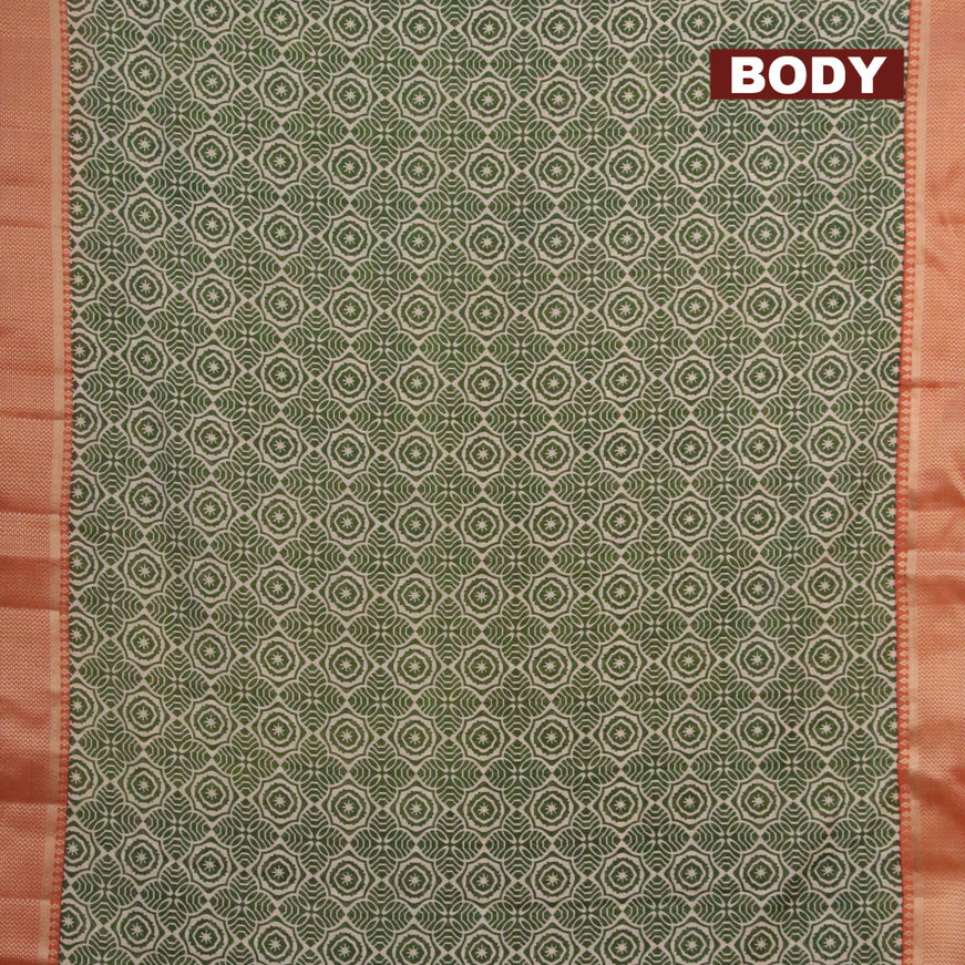 Banarasi cotton saree green and rust shade with allover geometric prints and zari woven border