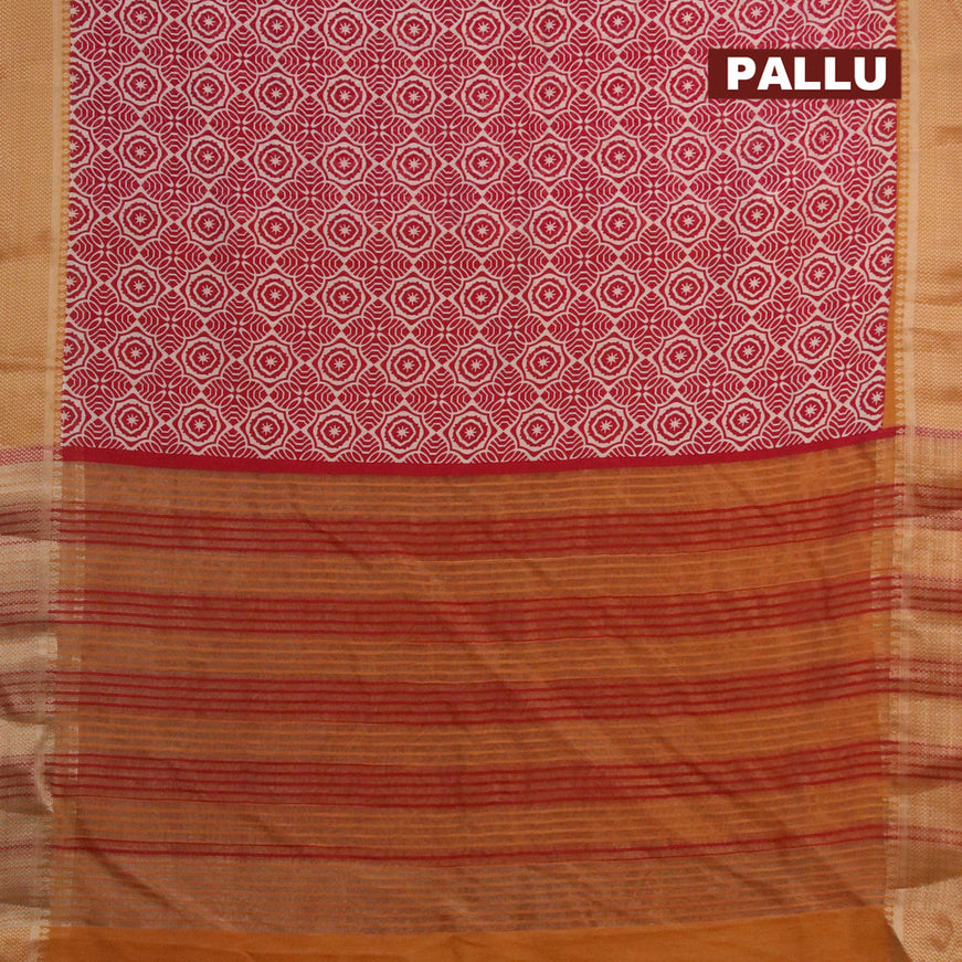 Banarasi cotton saree maroon and dark mustard with allover geometric prints and zari woven border