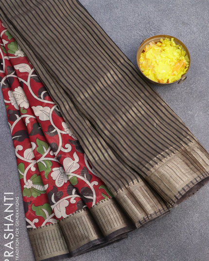 Banarasi cotton saree maroon and black with allover kalmkari prints and zari woven border