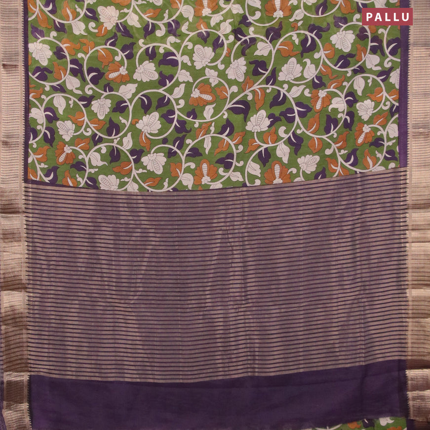 Banarasi cotton saree green and blue with allover kalmkari prints and zari woven border